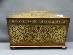 VICTORIAN ROSEWOOD & BRASS INLAID TEA CADDY, sarcophagus form on turned flat bun feet with two
