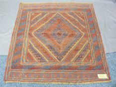 CAZAK RUG - tonal red and blue ground with singular diamond central pattern and triple bordered