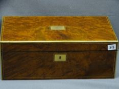 EXCELLENT VICTORIAN BURR WALNUT & BRASS BANDED WRITING SLOPE, tooled leather interior writing