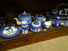 WEDGWOOD & OTHER COBALT BLUE JASPERWARE, ornaments and tableware, 19 pieces (some AF)