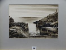 ALYN DAVIES sepia watercolour - 'The Harbour at Porth Gain', signed, 23 x 34cms
