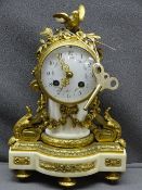 GILT BRASS & MARBLE FRENCH DRUM CASED MANTEL CLOCK, floral decorated white enamel dial set with