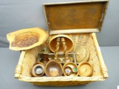 TREEN ITEMS with a good sized wicker basket