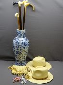 FLOOR STANDING ORIENTAL POTTERY BLUE & WHITE VASE and walking stick contents, two straw hats, Indian
