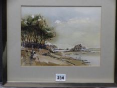 REN ISHERWOOD mixed media - riverside scene with trees, signed and dated 1983, 18 x 25cms