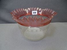 FRILLY EDGE WITH CRANBERRY TRAIL VINTAGE OIL LAMP SHADE, 12cms H, 21cms D with etched and wheel