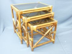 MODERN BAMBOO SET OF THREE TABLES with smoky glass tops