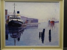 WELSH SCHOOL oil on board - dockyard scene with ships, 49 x 60cms