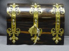 COROMANDEL & BRASS MOUNTED VICTORIAN DOME TOP STATIONERY BOX with key, 16.5cms H, 23.5cms W, 12.5cms