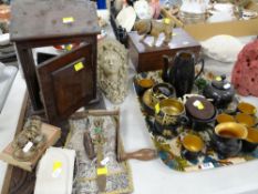 ASSORTED ITEMS to include inlaid box, coloured glass, tea ware ETC