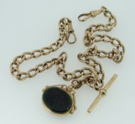 15CT YELLOW GOLD DOUBLE ALBERT CHAIN with T-bar and 9ct gold fob with bloodstone, 54.6grams