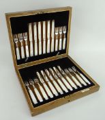 CASED SILVER & MOTHER OF PEARL SET OF TWELVE COCKTAIL KNIVES & FORKS, Edinburgh hallmarks, the box