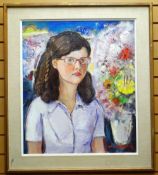 WARD LERNOUT (Belgian, b.1931) oil on canvas - head and shoulders portrait of a girl with flowers,