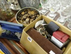 TIN OF OLD PENNIES, together with a box of mixed costume jewellery (proceeds to our nominated