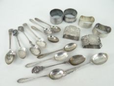 ASSORTED SMALL SILVER ITEMS including mixed spoons, napkin rings ETC, 10oz gross