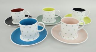 SET OF FIVE SUZY COOPER BONE CHINA CUPS & SAUCERS in mixed colour ways