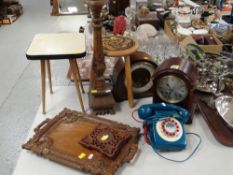 TWO VINTAGE DOMED MAHOGANY MANTEL CLOCKS, two piece telephone, carved wooden tray and stools ETC