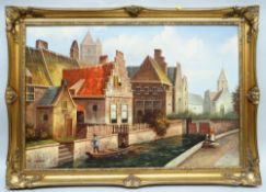G SCHROTER oil on canvas - canal scene with figures, signed, 49 x 74cms