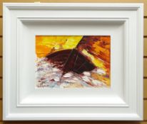 JAMES G MILES oil on canvas - sailing boat in high seas, entitled verso 'Galway Sunset', dated 2011,