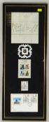 FRAMED PHILATELIC DISPLAY including Penny Black, first day cover and letter