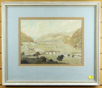 GEORGE PICKERING (1794 - 1857) watercolour - expansive landscape with bridge and distant figures,