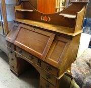 VINTAGE OAK ART NOUVEAU STYLE KNEE-HOLE DESK with shelf top and bank of four drawers to either side