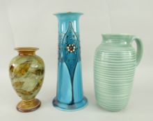 THREE BRITISH POTTERY ITEMS comprising Minton No.1 tapered vase, Doulton Lambeth autumn leaf