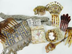 ASSORTED VINTAGE HAIR COMBS & OTHER COLLECTABLES including yellow metal framed classical cameo