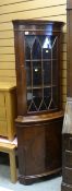 REPRODUCTION MAHOGANY STANDING CORNER CABINET, single astragal glazed upper and cupboard base