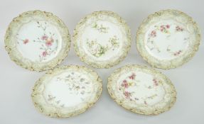 GROUP OF FIVE DOULTON BURSLEM FLORALLY DECORATED CABINET PLATES having gilt scroll borders (5)