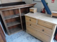 STRIPPED PINE SMALL CHEST OF DRAWERS, two-short above two-long together with a pine bookcase
