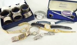 ASSORTED SMALL ITEMS including napkin rings, some silver, wristwatches and a cased Waterman pen