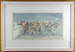 GWYNETH RYDER watercolour - line of boys peering over a wall, entitled verso 'What's on the Other