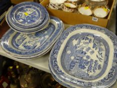 ASSORTED BLUE & WHITE POTTERY to include various meat plates including Ladies of Llangollen transfer