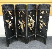 SMALL FOUR-FOLD ORIENTAL SCREEN collage decorated with birds in trees