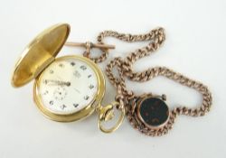TILOT SWISS GOLD-PLATED HUNTER POCKET WATCH with 9ct rose gold graduated watch chain with T-bar