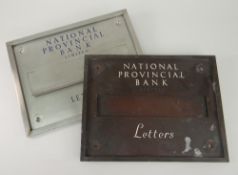TWO NATIONAL PROVINCIAL BANK LTD LETTER BOX FACADES one in copper colour cast metal and the other
