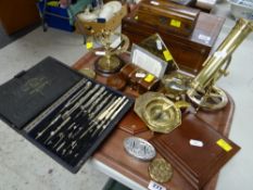 ASSORTED BRASS REPLICA SCIENTIFIC INSTRUMENTS, cased drawing set ETC