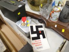 ASSORTED MILITARY ITEMS including wooden gun stock, metal ammunition tin, mess tin and a medal