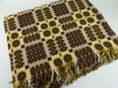 TRADITIONAL WELSH WOOL MILLED BLANKET in yellow, black and cream, 241 x 198cms