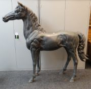 LARGE CONTEMPORARY CAST METAL STANDING RACEHORSE SCULPTURE, 167cms high