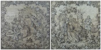 PAIR OF NEEDLE WORK SAMPLER VIGNETTES of romantic courting scenes in gardens, 74 x 78cms (