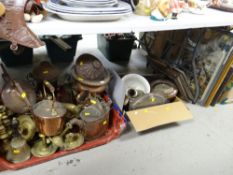 ASSORTED METALWARE including copper kettles, brass chamber candlesticks, pewter plates ETC