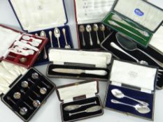 PARCEL OF SILVER & SILVER PLATED CASED CUTLERY to include tea spoons, cake knives, coffee bean