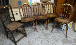 FOUR VINTAGE ERCOL SPINDLE BACK DINING CHAIRS, together with another rush seat barley twist hall