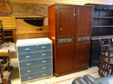 1970's TEAK EFFECT TWO DOOR WARDROBE together with a painted white and blue five drawer chest of