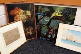 FOUR VARIOUS PAINTINGS including oil still-life of flowers, indistinctly signed, large oil on