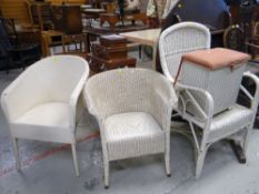 ASSORTED LOOM FURNITURE comprising three chairs and a linen basket