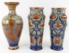 PAIR OF ROYAL DOULTON ART NOUVEAU STONEWARE VASES BY FRANK BUTLER (one professionally restored)