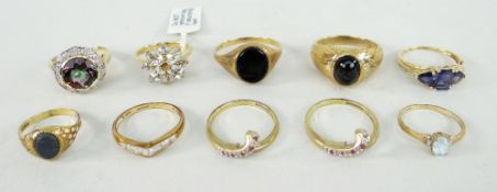 PARCEL OF TEN 9CT YELLOW GOLD STONE SET RINGS INCLUDING SILLIMANITE, 27.9 grams overall (10)